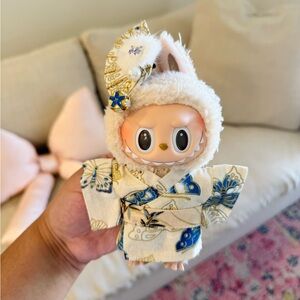 Labubu Beige Blue Floral Japanese Kimono Outfit